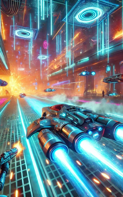 DALL·E 2024-12-19 17.12.41 - A futuristic action-adventure game scene featuring a high-tech hovercraft racing through a neon-lit city tunnel, with glowing holograms, sparks flying