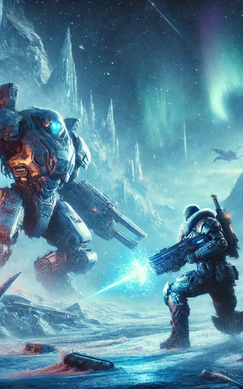 DALL·E 2024-12-19 17.40.40 - A futuristic action-adventure game setting featuring a battle in an icy wasteland at dawn. The scene is illuminated by cold blue and silver tones, wit